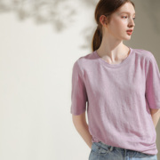 夏季高端欧美纯色亚麻T恤针织复古宽松透气舒适上衣89150