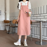 粉色背带裙女夏季2023韩版宽松休闲学院风学生中长款连衣裙子