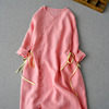捡漏品质女装亚麻连衣裙，文艺复古v领九分袖收腰显瘦粉色长裙