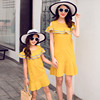 亲子装 女童母女装纯棉短袖T恤黄色亲子班服蕾丝连衣裙子夏装