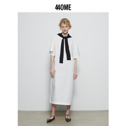 440ME女装 24夏季气质一字领舒适纯棉宽松中袖长款白色连衣裙