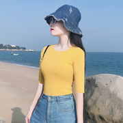 韩系夏装修身显瘦中袖圆领显白姜黄色纯棉T恤衫上衣设计感女小众