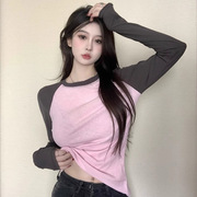 韩版拼接粉色打底衫显瘦外穿圆领长袖T恤简约宽松盐系上衣女