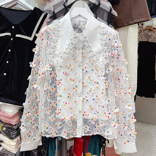 2023韩版甜美立体蝴蝶刺绣雪纺上衣设计感小众衬衫钉珠娃娃领衬衣
