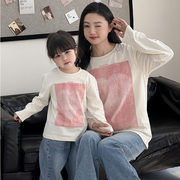 韩版母女装春季长袖T恤套装2024亲子装卫衣女童中大童上衣潮