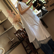 TWANG日式简洁宽松慵懒两件套网纱半裙纯棉夏季白色长款女士衬衫