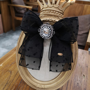 韩国黑色蕾丝双层领结女蝴蝶结扣针衬衫领口，装饰品飘带领花潮