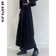 阿涵与/春夏2023高腰系带黑色半身裙气质优雅A字裙一片式大摆长裙