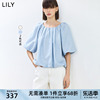 LILY2024夏女装含绵羊毛气质优雅通勤时尚垂坠感泡泡袖雪纺衫