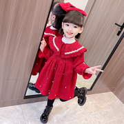 女童冬装加绒加厚连衣裙2023儿童女宝宝红色洋气过年服公主裙