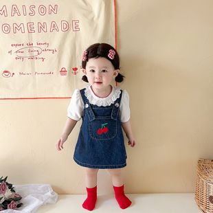 韩版女婴儿夏季牛仔背带裙套装，宝宝短袖上衣背心裙洋气女童两件套
