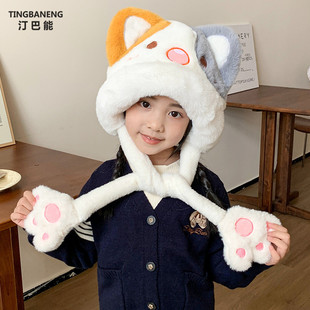 小熊耳朵帽子围巾一体儿童冬季韩版卡通可爱毛绒保暖围脖两件套潮