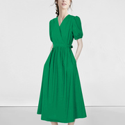 绿色连衣裙2023夏季女士长裙气质V领短袖裙收腰显瘦大摆纯棉裙子