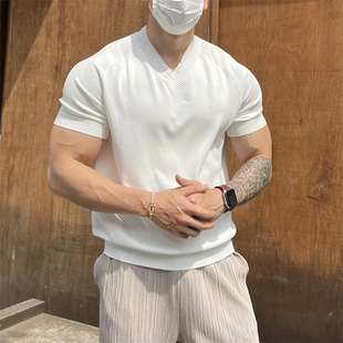 MRDONG东大门韩国男装高品亚麻气质V领细腻针织插肩袖短袖T恤