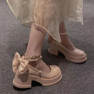 单鞋女2024春秋季法式高跟鞋，粗跟玛丽珍鞋子厚底小皮鞋