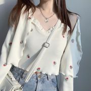 韩国东大门2024秋季甜美花朵刺绣木耳边吊带背心开衫两件套女