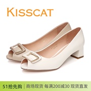 接吻猫KISSCAT低跟粗跟方扣32110通勤羊皮鱼嘴女单鞋KA42110-11
