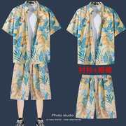 休闲夏威夷度假衬衫短裤夏季潮流宽松短袖日系海边情侣沙滩套装男