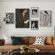 侘寂风客厅装饰画抽象简约线条卧室画美式复古组合沙发背景墙挂画