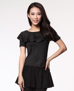 飞魅 拉丁广场舞蹈服装上衣 短袖荷叶领上衣 女士拉丁练功服