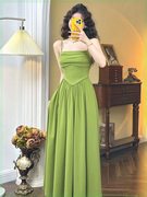 橄榄绿吊带连衣裙，女夏复古法式气质裙子，森系法式披肩吊带裙两件套