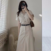 韩国chic复古气质翻领纯色短袖，衬衫+高腰，显瘦半身裙长裙两件套女