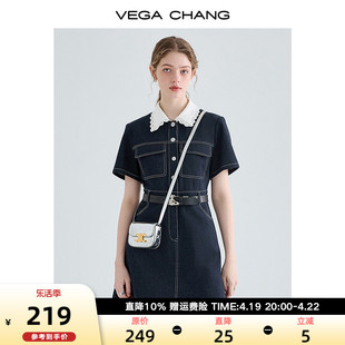 vegachang牛仔连衣裙，夏季女2024年法式蕾丝，娃娃领衬衫裙子