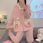 睡衣女春秋季长袖纯棉可外穿套装粉色可爱兔子，学生宽松大码家居服