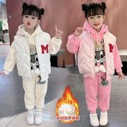 女童冬装加绒加厚三件套装2023洋气时髦卫衣女孩，中大童马甲潮