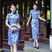 旗袍夏季2021年女中国风复古日常改良青花瓷，连衣裙短优雅旗袍