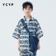 YCYP童装网红炸街男童花衬衫短袖夏季儿童衬衣男帅气纯棉上衣