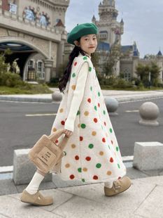 秋冬韩版女童长款加棉加厚背心裙，中大童亲子装波点时尚风羊羔绒裙