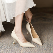 7955-8时尚简约纯色单鞋，女浅口尖头细跟高跟鞋女气质法式女鞋