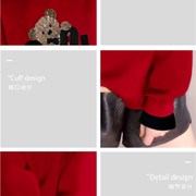 红色卫衣女春秋2024韩版烫钻小熊设计感假两件宽松圆领上