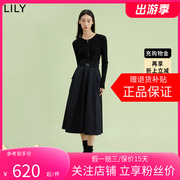 商场同款lily2024春女装洋气，拼接复古高腰，连衣裙小黑裙女