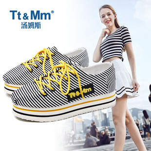 tt&mm汤姆斯女鞋，百搭韩版松糕鞋条纹，帆布鞋厚底小熊布鞋