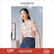 Goodland美地女装夏季法式木耳花边衬衫时尚短袖波点上衣