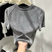 欧货灰色丝绒短袖T恤女夏季2024修身垫肩体恤设计感短款上衣