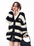 ziziFei秋冬季设计感黑白条纹软糯厚实慵懒针织开衫毛毛衣外套女