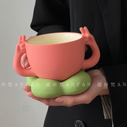 原创趣味创意比耶咖啡杯碟，套装陶瓷马克杯，牛奶咖啡杯可爱生日礼物