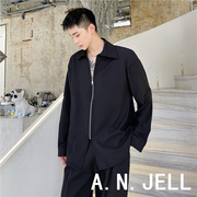韩国版男装东大门22春打底黑白纯色百搭个性拉链垫肩宽松长袖衬衫