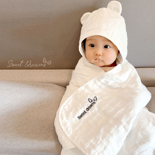 新生儿全棉6层纱布吸水宝宝浴巾，婴儿包巾儿童带帽斗篷包被可裹