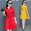 中国红连衣裙女长袖，2023网红雪纺，裙收腰系带有袋的衬衫裙
