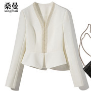 设计感珍珠V领长袖短外套女欧美修身复古气质高腰小西装白色