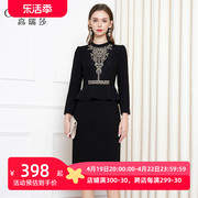秋季蕾丝刺绣黑色连衣裙女士，端庄优雅气质，显瘦荷叶边包臀裙子