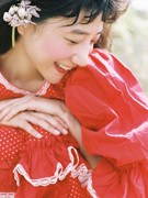 一九九二自制 北国之春红色圆点短袖裙 写真小波点灯笼袖连衣裙