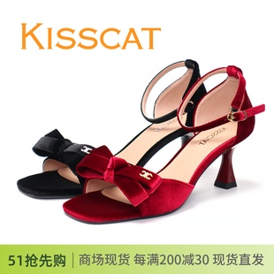 kisscat接吻猫2024夏款细跟高跟，露趾蝴蝶结方头，气质绒面女鞋凉鞋