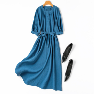 宝蓝色真丝干丝drysilk简约休闲灯笼袖，宽松大码桑蚕丝短袖连衣裙