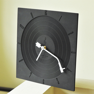 黑白水泥方形唱片款挂钟简约现代免打孔北欧风静音客厅卧室钟表