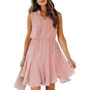 欧美夏季女镂空时尚，纯色点点连衣裙系带收腰显瘦透气无袖短裙